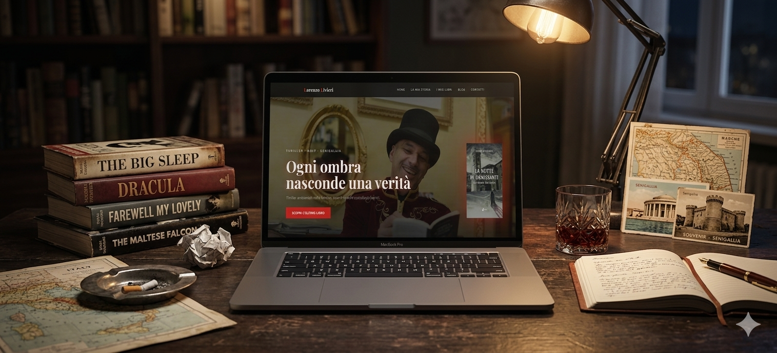 Lorenzo Livieri website shown on a MacBook in a moody writer's study