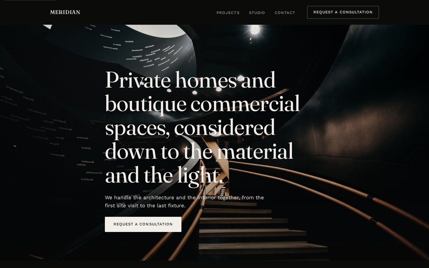 Meridian architecture studio homepage with a spiral staircase